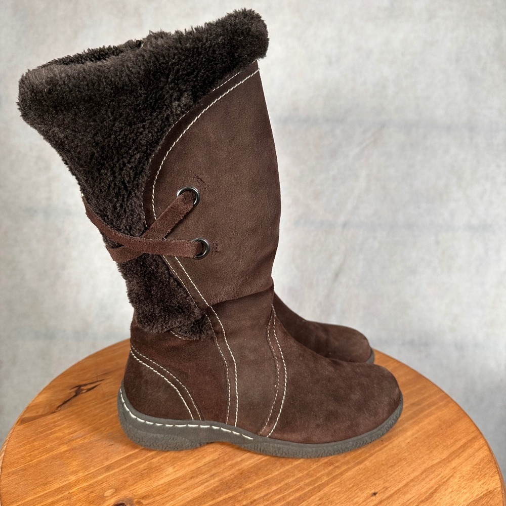 Wanderlust Winter Boots Women 7.5 Brown Good Suede Faux Fur Trim Side Zip - Picture 5 of 13